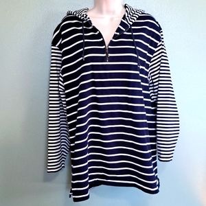 Striped pullover hooded large cotton top navy